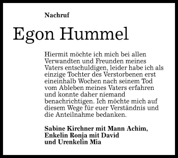 Anzeige von Egon Hummel von Reutlinger General-Anzeiger