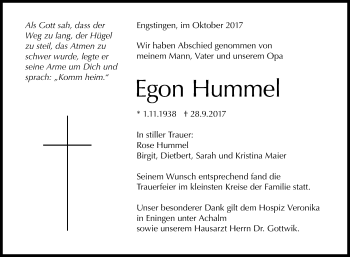 Anzeige von Egon Hummel von Reutlinger General-Anzeiger