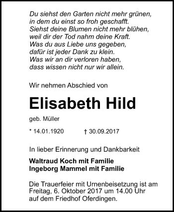 Anzeige von Elisabeth Hild von Reutlinger General-Anzeiger