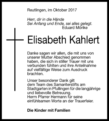 Anzeige von Elisabeth Kahlert von Reutlinger General-Anzeiger