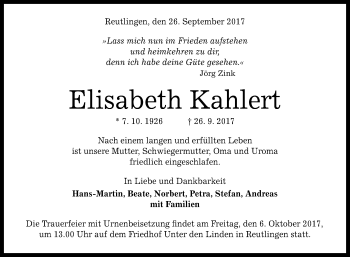 Anzeige von Elisabeth Kahlert von Reutlinger General-Anzeiger