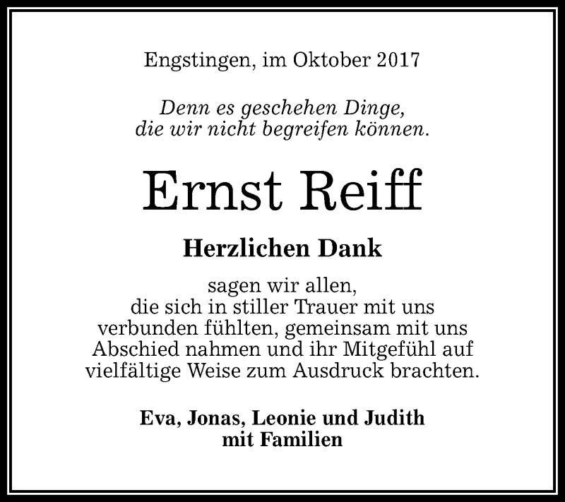  Traueranzeige für Ernst Reiff vom 21.10.2017 aus Reutlinger General-Anzeiger