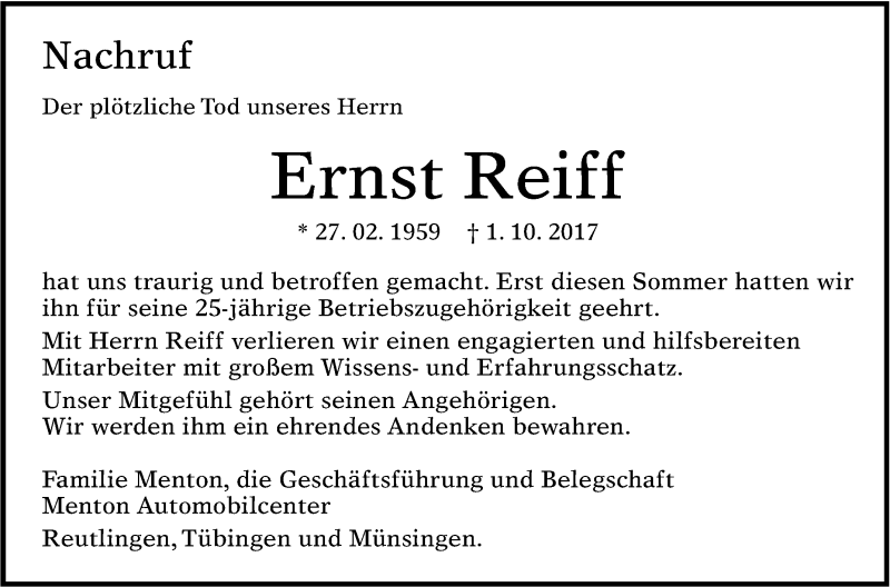  Traueranzeige für Ernst Reiff vom 06.10.2017 aus Reutlinger General-Anzeiger