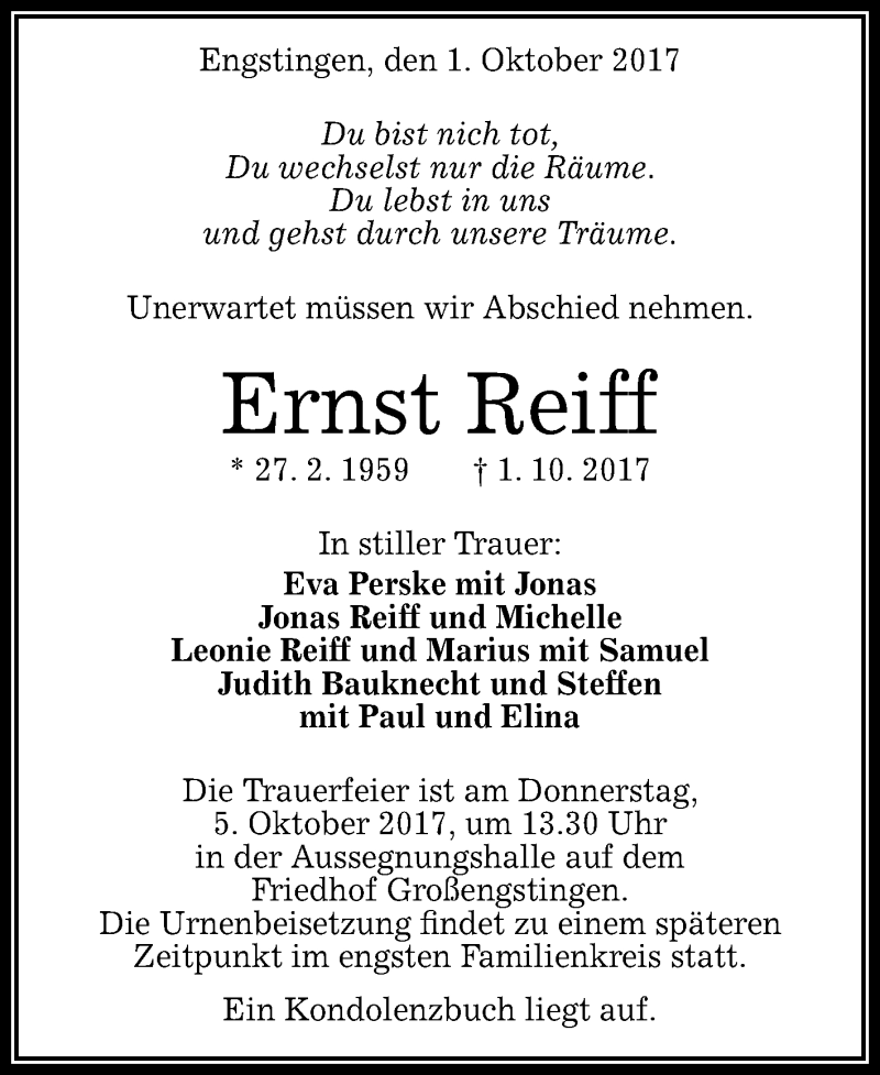  Traueranzeige für Ernst Reiff vom 04.10.2017 aus Reutlinger General-Anzeiger