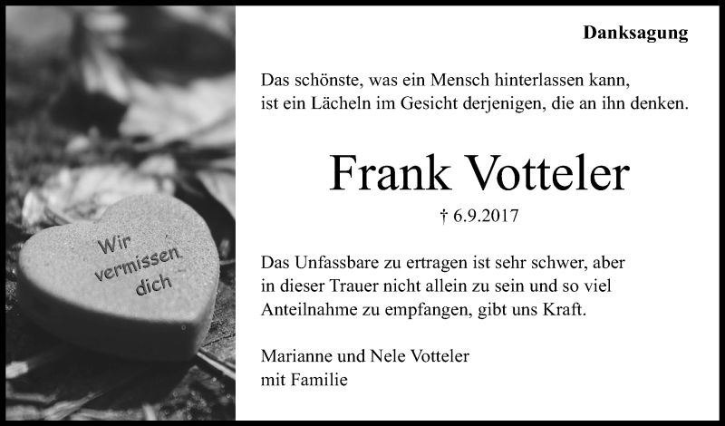  Traueranzeige für Frank Votteler vom 10.10.2017 aus Reutlinger General-Anzeiger