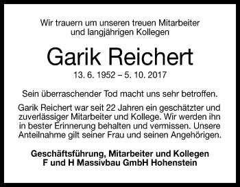 Anzeige von Garik Reichert von Reutlinger General-Anzeiger