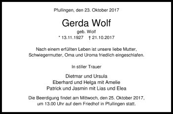 Anzeige von Gerda Wolf von Reutlinger General-Anzeiger