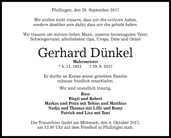 Anzeige von Gerhard Dünkel von Reutlinger General-Anzeiger