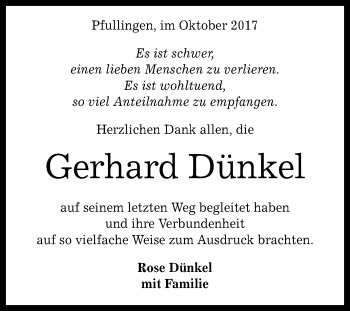 Anzeige von Gerhard Dünkel von Reutlinger General-Anzeiger