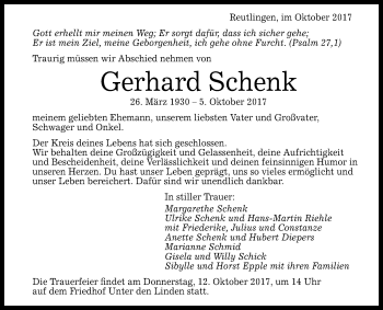 Anzeige von Gerhard Schenk von Reutlinger General-Anzeiger