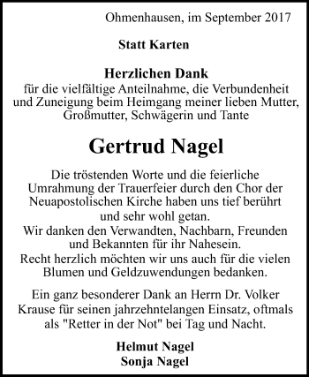 Anzeige von Gertrud Nagel von Reutlinger General-Anzeiger
