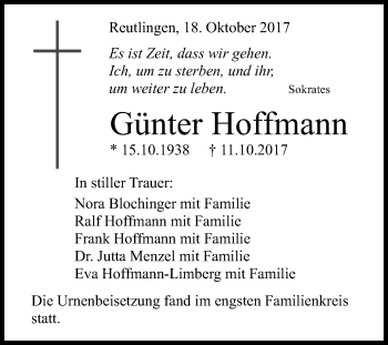 Anzeige von Günter Hoffmann von Reutlinger General-Anzeiger