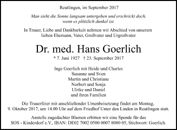 Anzeige von Hans Goerlich von Reutlinger General-Anzeiger