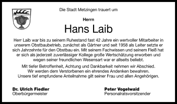 Anzeige von Hans Laib von Reutlinger General-Anzeiger