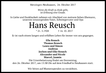 Anzeige von Hans Reusch von Reutlinger General-Anzeiger