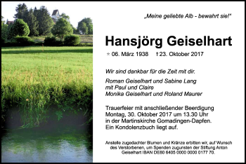 Anzeige von Hansjörg Geiselhart von Reutlinger General-Anzeiger