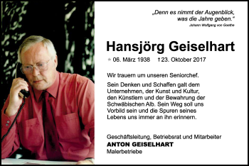 Anzeige von Hansjörg Geiselhart von Reutlinger General-Anzeiger