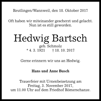 Anzeige von Hedwig Bartsch von Reutlinger General-Anzeiger
