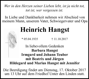 Anzeige von Heinrich Hangst von Reutlinger General-Anzeiger