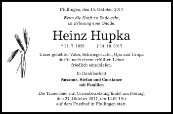 Anzeige von Heinz Hupka von Reutlinger General-Anzeiger