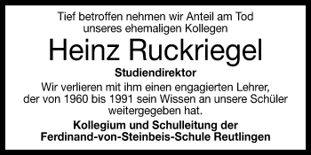 Anzeige von Heinz Ruckriegel von Reutlinger General-Anzeiger