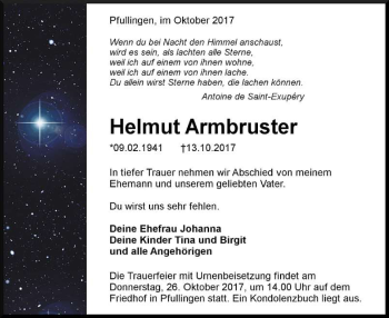 Anzeige von Helmut Armbruster von Reutlinger General-Anzeiger