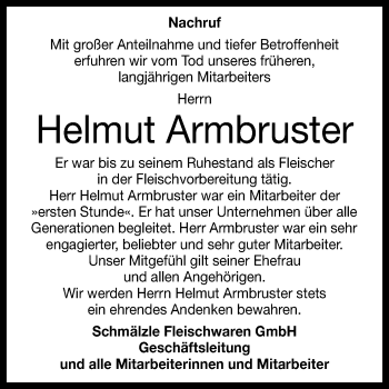 Anzeige von Helmut Armbruster von Reutlinger General-Anzeiger