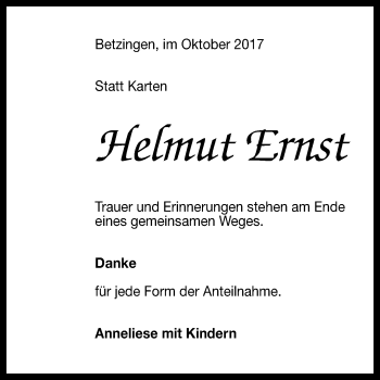 Anzeige von Helmut Ernst von Reutlinger General-Anzeiger