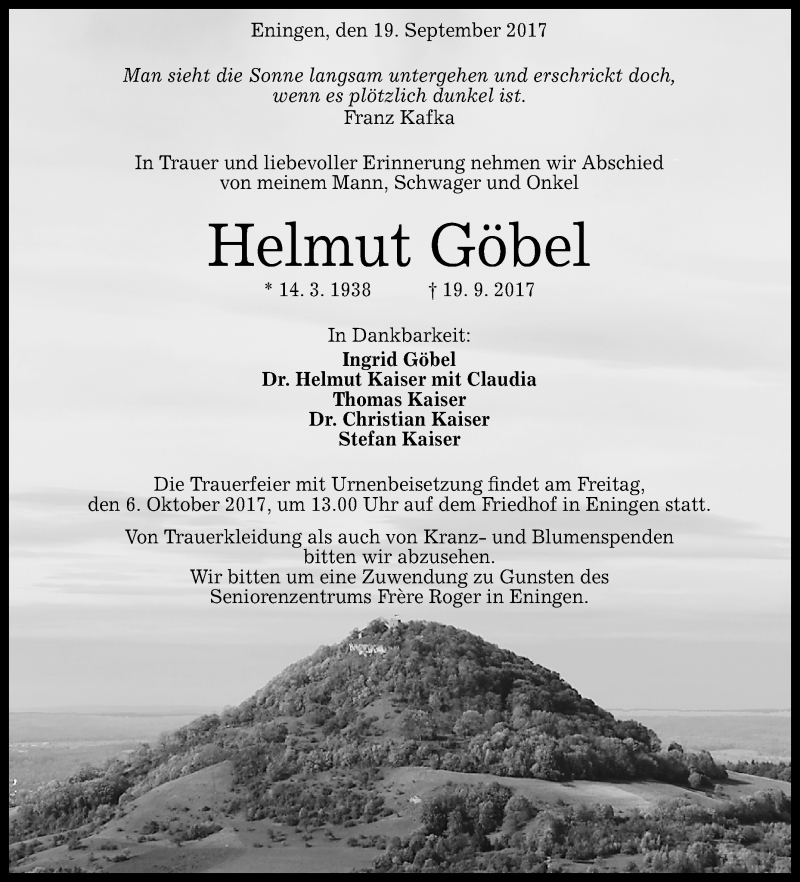  Traueranzeige für Helmut Göbel vom 02.10.2017 aus Reutlinger General-Anzeiger