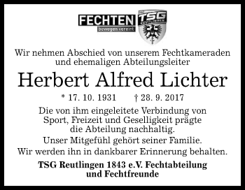 Anzeige von Herbert Alfred Lichter von Reutlinger General-Anzeiger