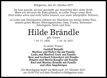 Anzeige von Hilde Brändle von Reutlinger General-Anzeiger