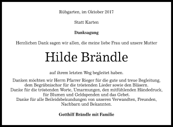 Anzeige von Hilde Brändle von Reutlinger General-Anzeiger