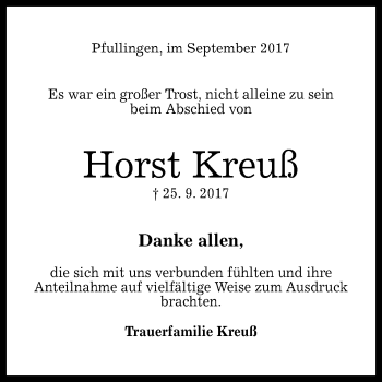 Anzeige von Horst Kreuß von Reutlinger General-Anzeiger