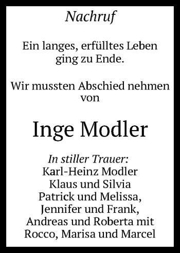 Anzeige von Inge Modler von Reutlinger General-Anzeiger
