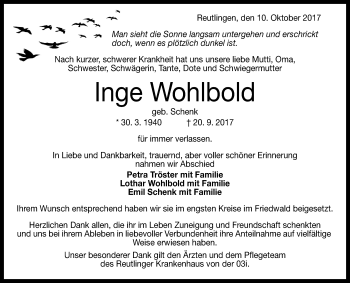 Anzeige von Inge Wohlbold von Reutlinger General-Anzeiger