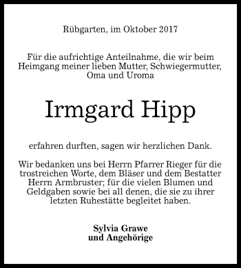 Anzeige von Irmgard Hipp von Reutlinger General-Anzeiger