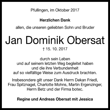 Anzeige von Jan Dominik Obersat von Reutlinger General-Anzeiger
