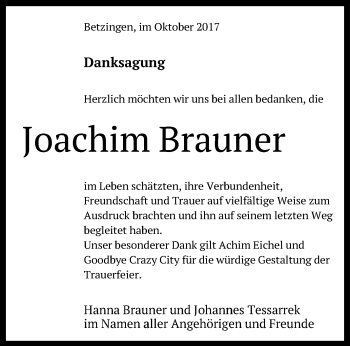 Anzeige von Joachim Brauner von Reutlinger General-Anzeiger