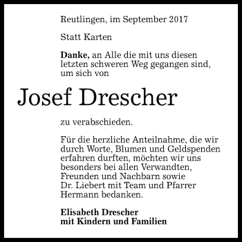 Anzeige von Josef Drescher von Reutlinger General-Anzeiger
