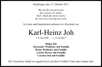 Anzeige von Karl-Heinz Joh von Reutlinger General-Anzeiger