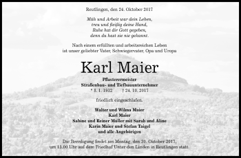 Anzeige von Karl Maier von Reutlinger General-Anzeiger