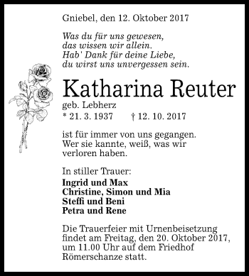 Anzeige von Katharina Reuter von Reutlinger General-Anzeiger