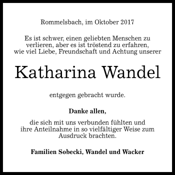 Anzeige von Katharina Wandel von Reutlinger General-Anzeiger