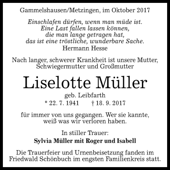 Anzeige von Liselotte Müller von Reutlinger General-Anzeiger