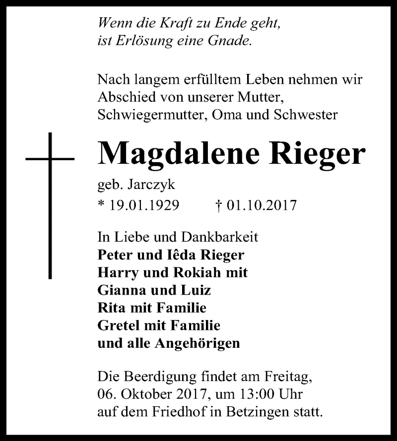  Traueranzeige für Magdalene Rieger vom 04.10.2017 aus Reutlinger General-Anzeiger