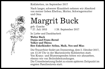 Anzeige von Margrit Buck von Reutlinger General-Anzeiger