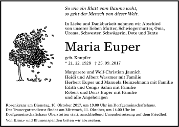 Anzeige von Maria Euper von Reutlinger General-Anzeiger