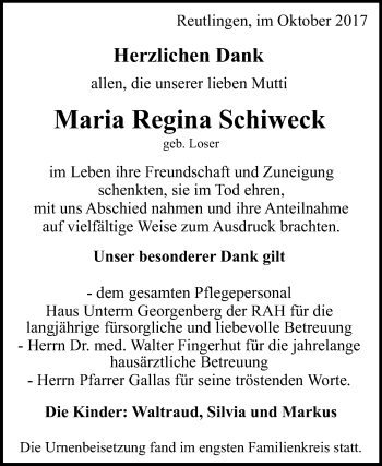Anzeige von Maria Regina Schiweck von Reutlinger General-Anzeiger