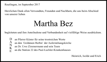 Anzeige von Martha Bez von Reutlinger General-Anzeiger