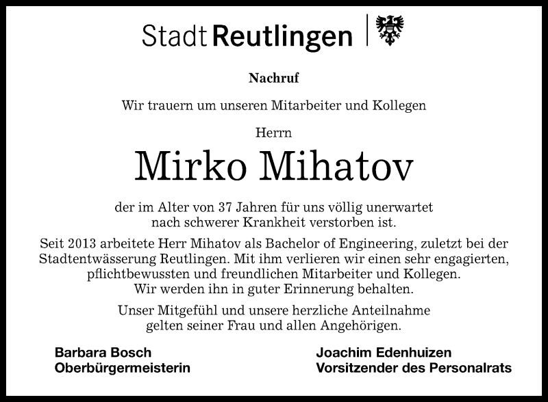 Traueranzeige für Mirko Mihatov vom 17.10.2017 aus Reutlinger General-Anzeiger